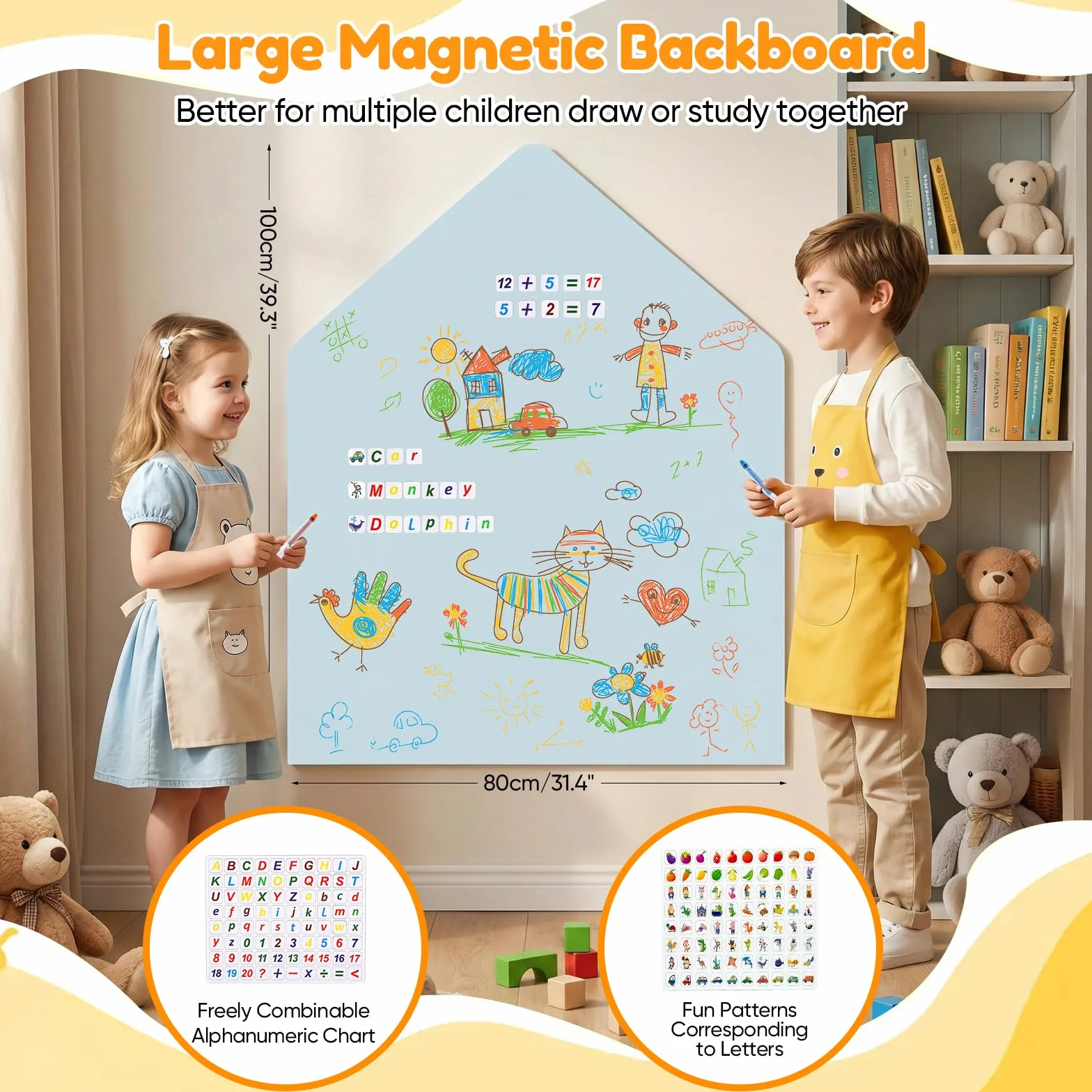 Pizarra magnética infantil autoadhesiva, pizarra de pared en forma de arco con colores pastel y tizas, pared magnética para niñas y niños (azul + letras)