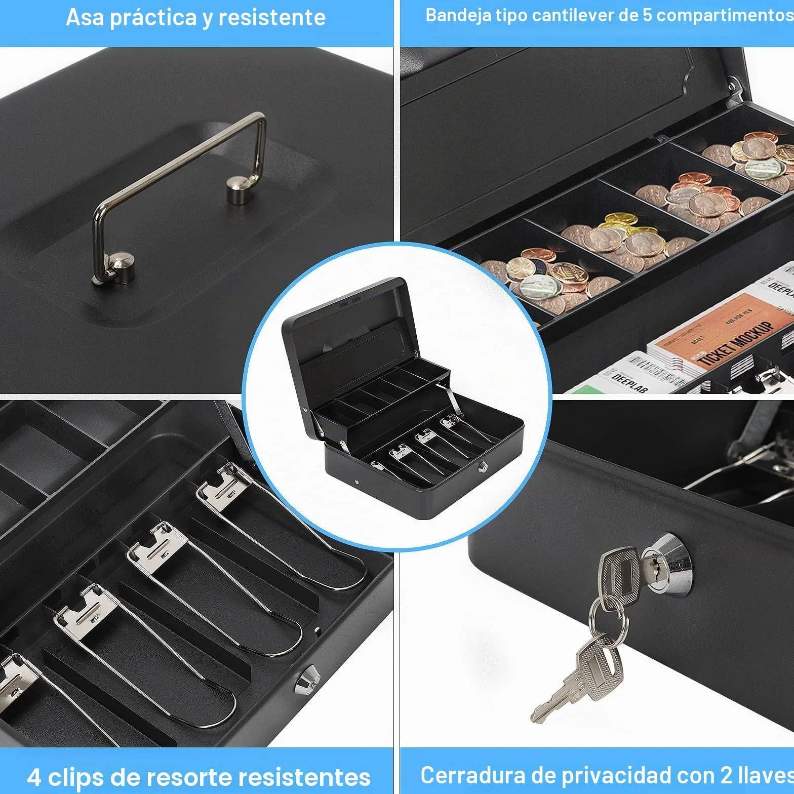 HAITRAL Caja Dinero con Llave, Caja de Seguridad de Metal, Caja de efectivo bloqueable, con 5 Compartimentos Monedas y 4 Compartimentos Billetes, Caja fuerte portatil, 30 x 24 x 9 cm, Negro