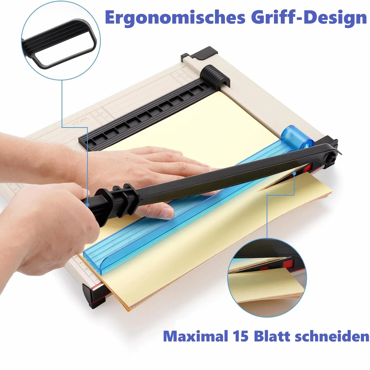 Guillotina de Papel con Base de Metal, Dispositivo de Protección, Cizalla Papel A4 B5 A5 B6 B7, Cortador de Papel Profesional Capacidad 12 Hojas, Máxima Precisión, Perfecto para Fotos, Papel, Blanco