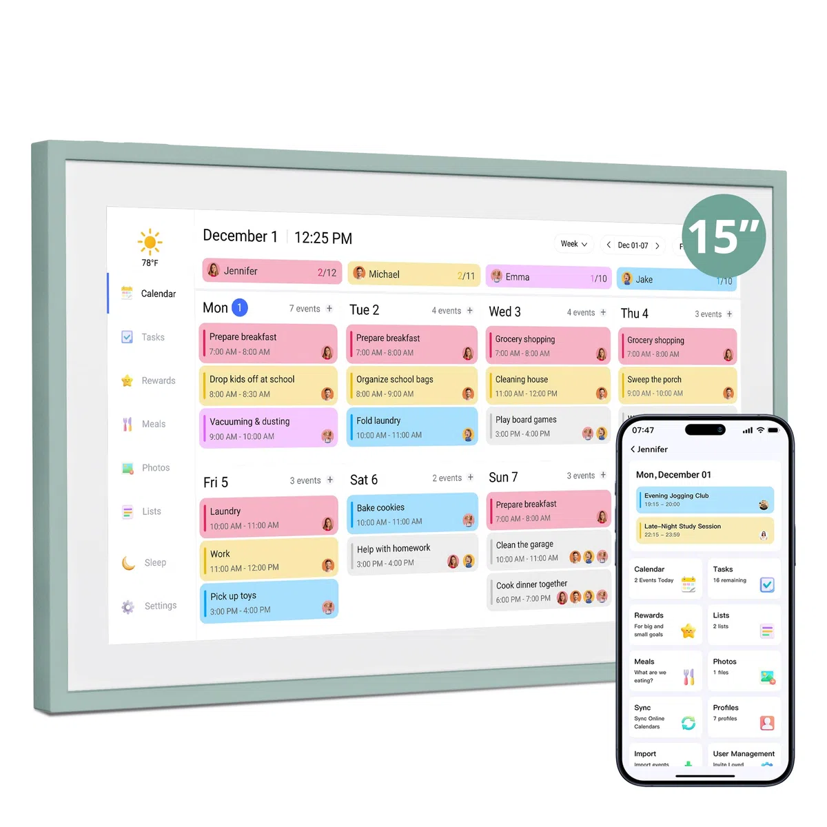 Dragon Touch Calendario digital de pared de 15,6 pulgadas, 1920 x 1080 FHD, Planificador de calendario electrónico con 32GB, Calendario de Escritorio inteligente con Pantalla táctil, Gris Verde