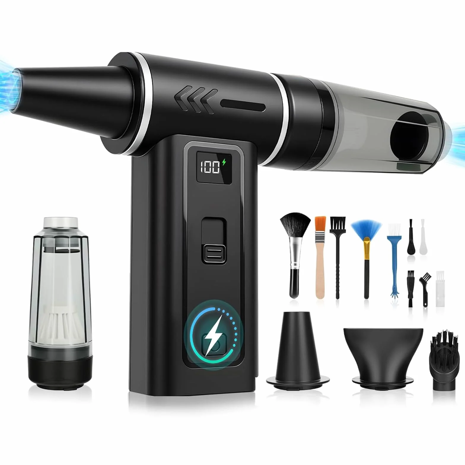 Soplador de Aire Comprimido 2 en 1 Soplador de Polvo Eléctrico y Aspirador 180000 RPM, Batería 8000mAh, 100 Niveles de Velocidad, Pantalla Digital, Limpieza de PC, Teclado y Coche, USB-C (Negro)