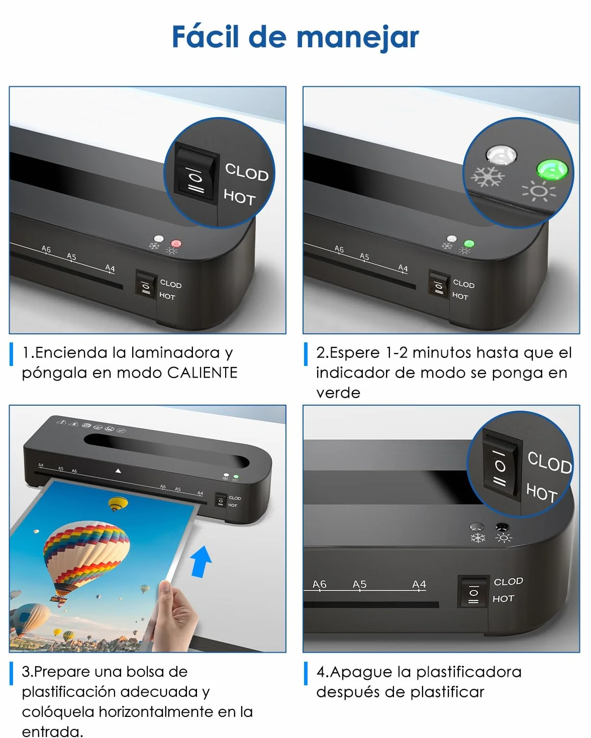 Máquina Laminadora A4 4 en 1 Plastificadora con 30 Bolsas para A4/A5/A6, Caliente y Frío con Cortador de Papel y Redondeador de Esquinas