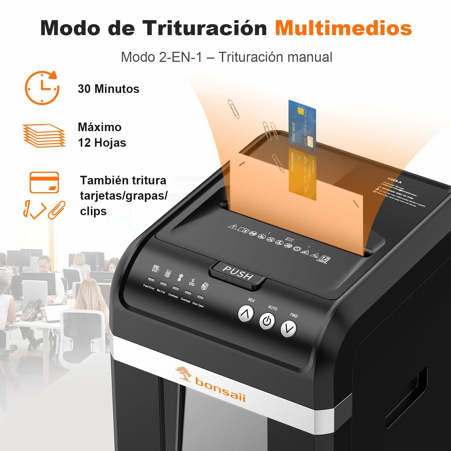 Bonsaii Trituradora de Papel con Alimentación Automática 200 Hojas, Micro-Corte P-4, 60 Min Continuo, Bajo Ruido, Ahorro Energía, Contenedor 31L, Modo Manual para Tarjetas, Ideal para Oficina, C283-A