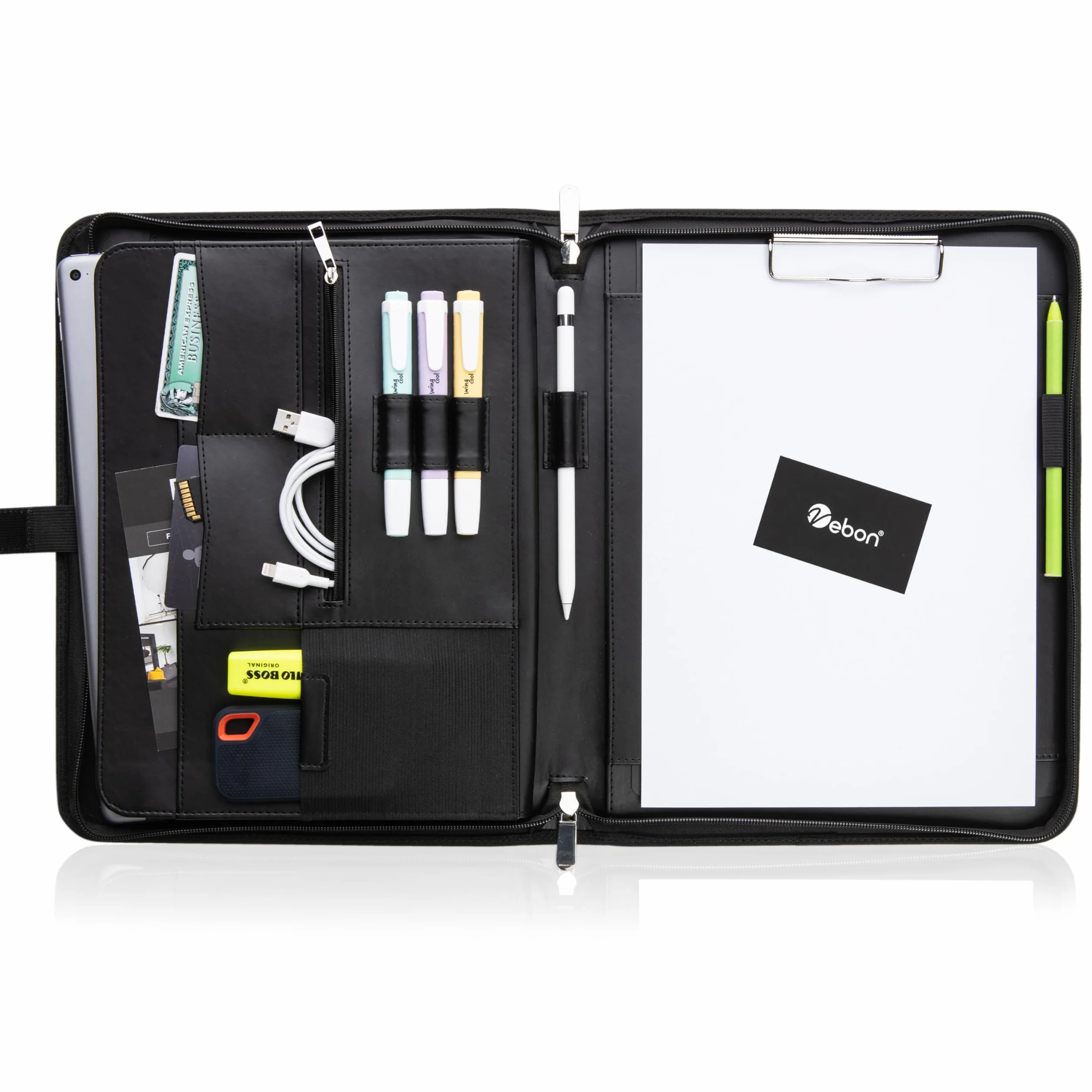 Vebon® Carpeta A4 grande "Roma" doble cremallera + portapapeles, carpeta de conferencias + bolsa para ordenador portátil, espacio extra, Negro Piel Sintética, Gris Fantasma