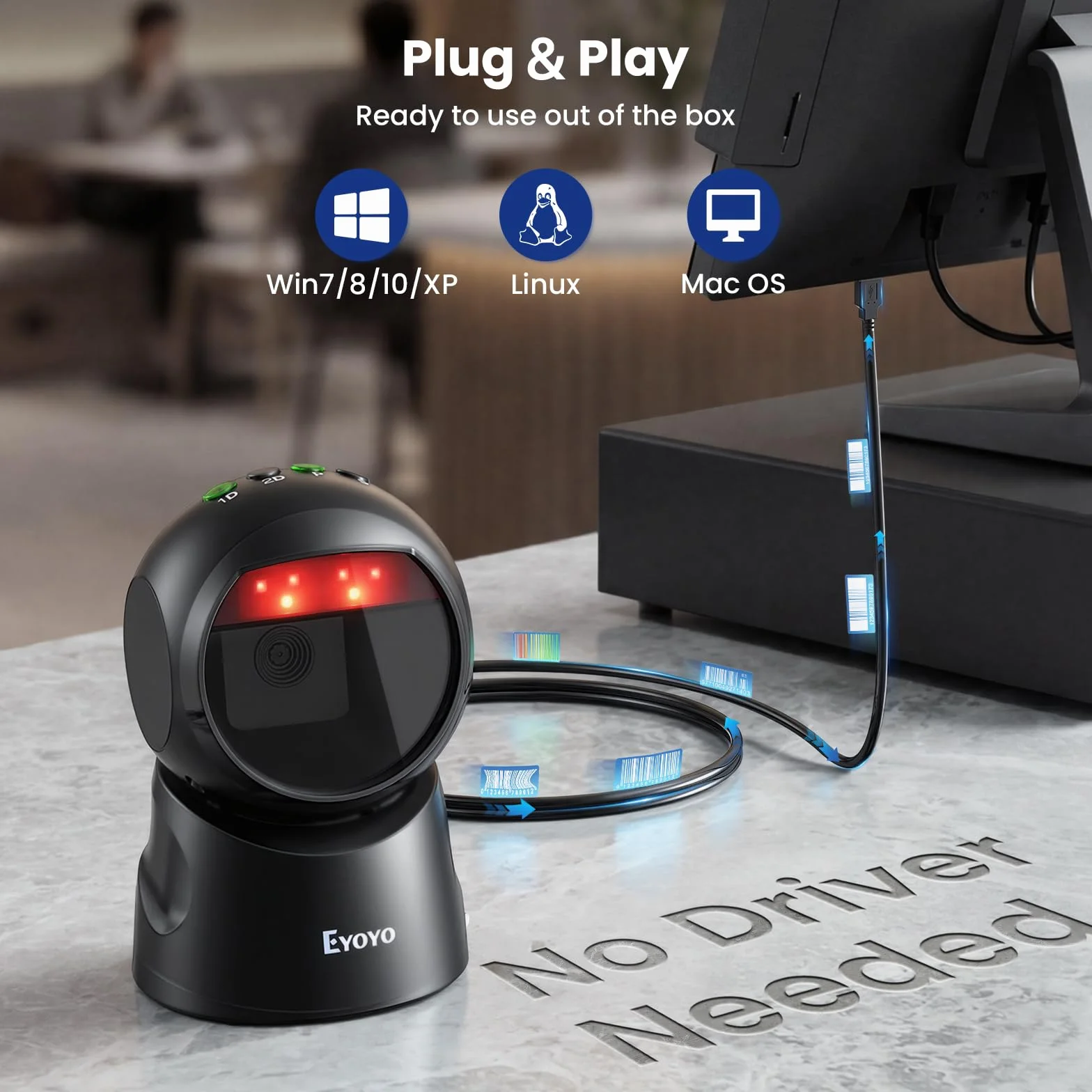 Escáner de códigos de barras de escritorio USB Eyoyo, lector de códigos de barras automático omnidireccional manos libres 2D QR, escaneo con cable para PC, punto de venta, biblioteca, librería, minori