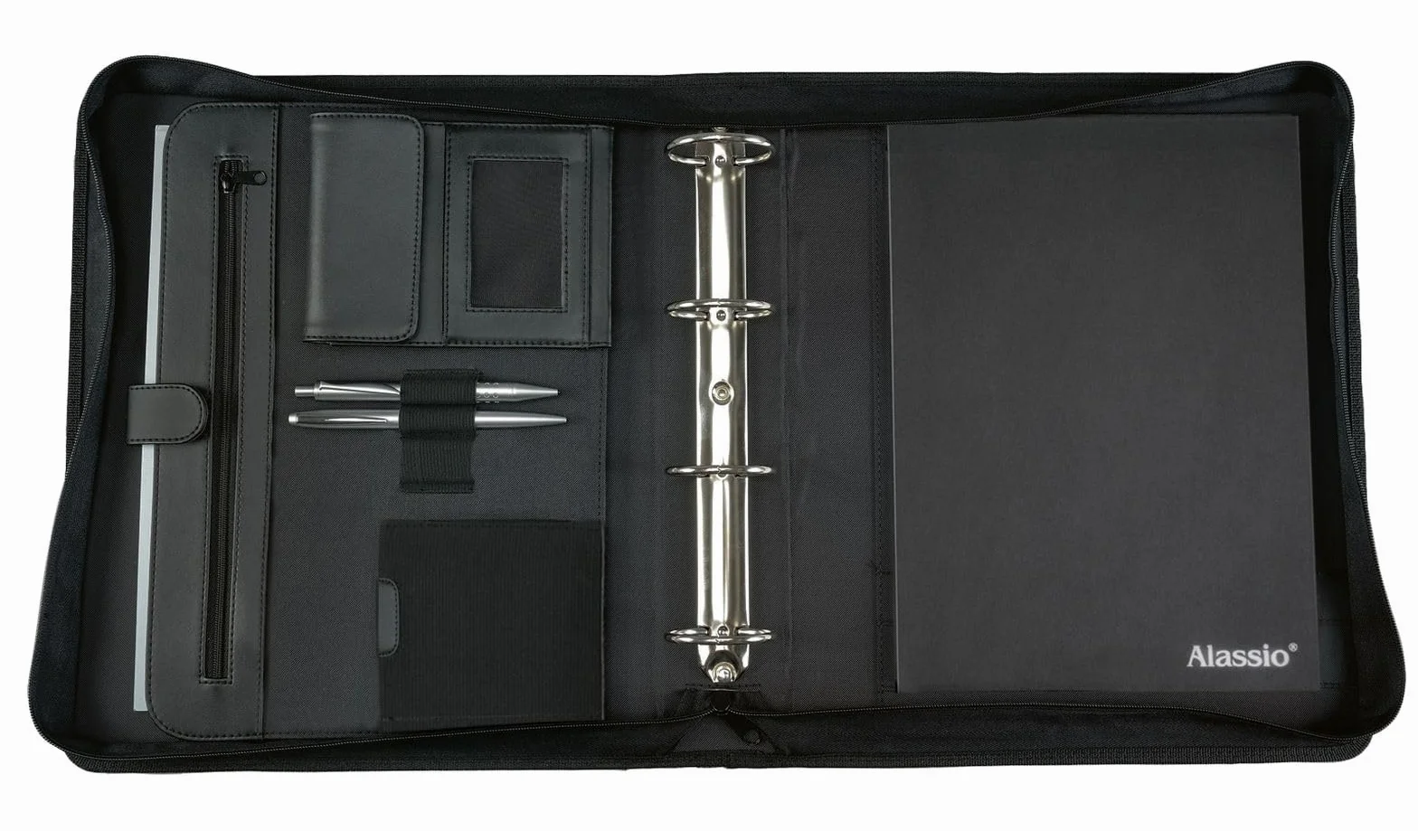 Alassio 30025 - Agenda de piel ecólogico (4 anillos, soporte para bolígrafos y tarjetas), color negro