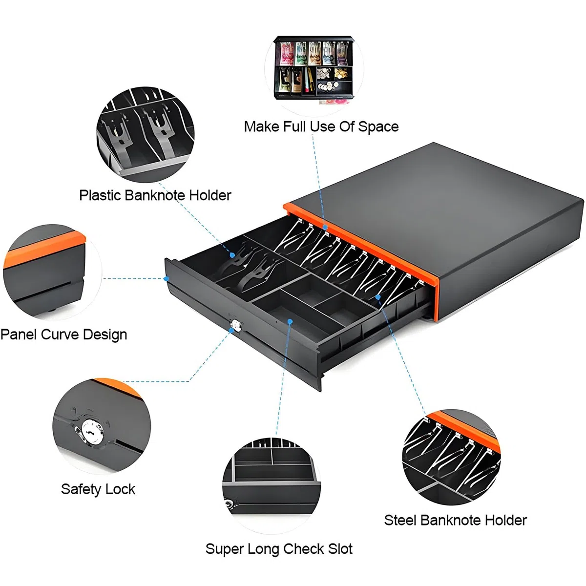 Terminal de punto de venta electrónico con caja registradora, pantalla táctil LED de 15,6", teclado de 101 teclas, escáner portátil, impresora térmica de 58 mm y cajón de efectivo Blue-SingleScreen