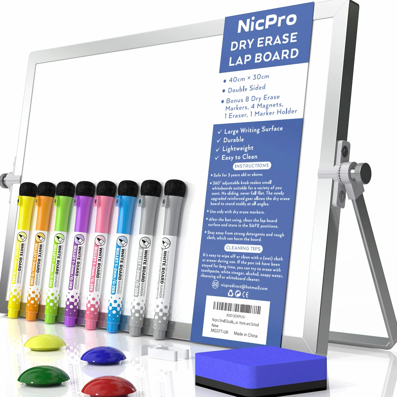 Nicpro A3 Pizarra Blanca, Pizarra Magnética Doble Cara con Soporte, 8 Rotuladores, 1 Borrador, 4 Imanes, Caballete de Pizarra Portátil para Estudiantes Útiles Escolares Oficina