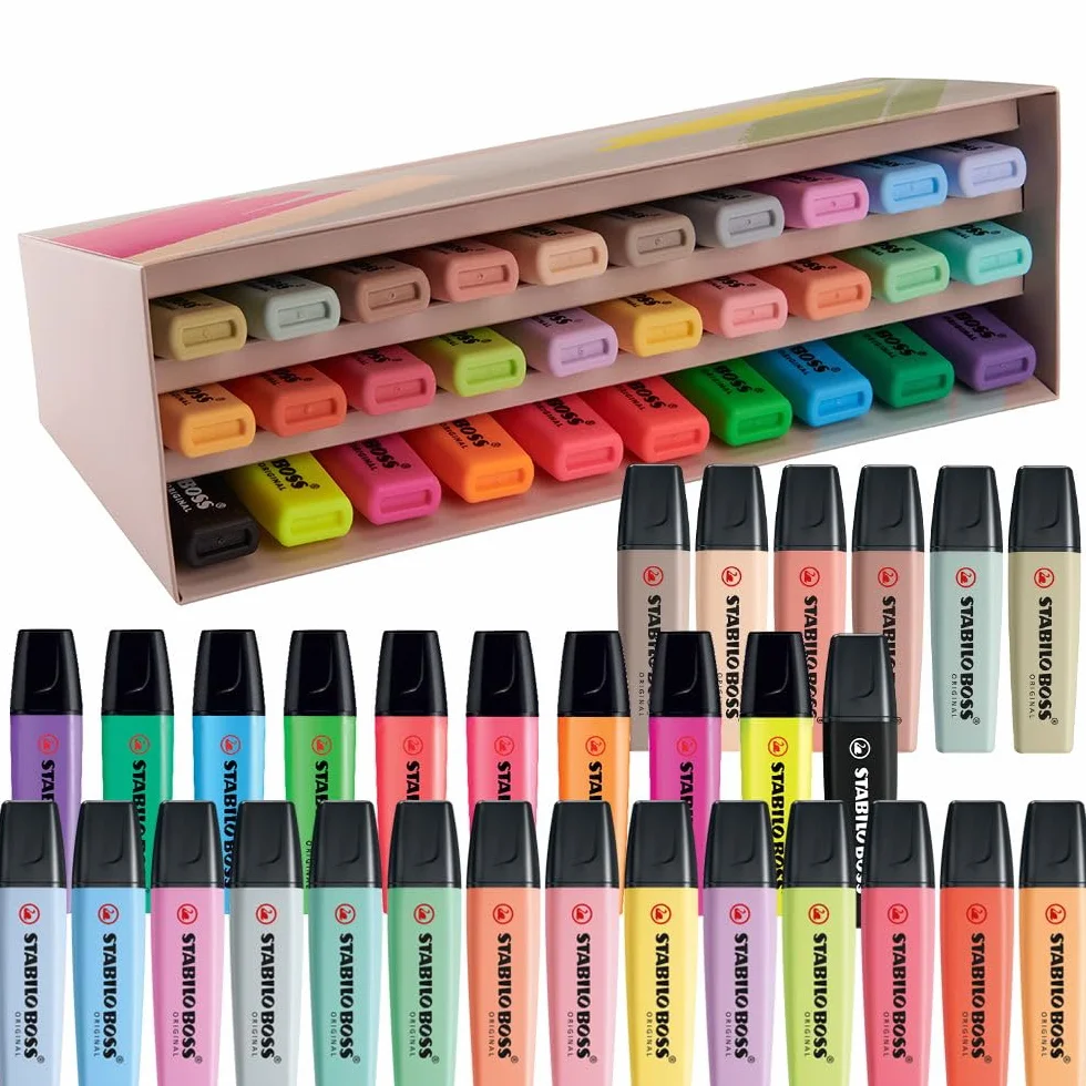STABILO - Marcador - BOSS ORIGINAL - Set de 30 marcadores, 9 fluorescentes, 14 pastel, 6 en tonos naturales y 1 negro