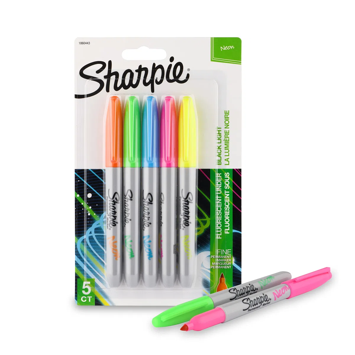SHARPIE Marcador permanente de punta fina neón para escritura precisa, apto para uso multiusos, sin manchas, artículos de papelería de oficina, paquete de 5
