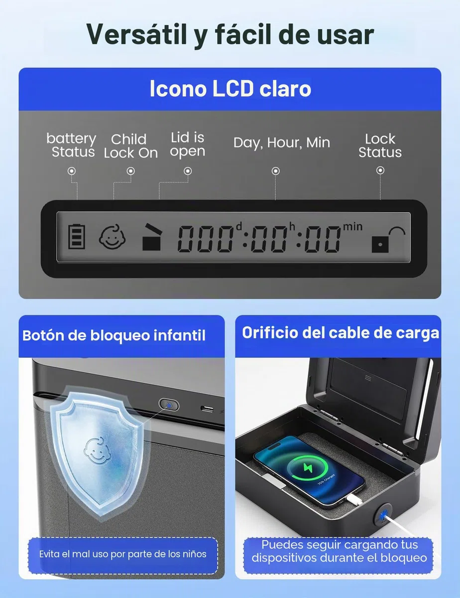 Caja Metálica con Temporizador y USB-C, Tamaño Pequeño | Bloqueo programable hasta 365 días, puerto USB-C, aviso sonoro y función de seguridad infantil.