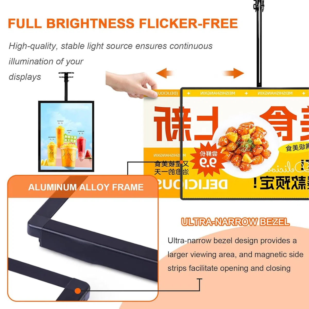 Pantalla de póster iluminada, caja de luz LED ultrafina, tablero de menú montado en la pared para restaurante, cafetería y tiendas, cartelera retroiluminada con varilla telescópica, fácil de usar