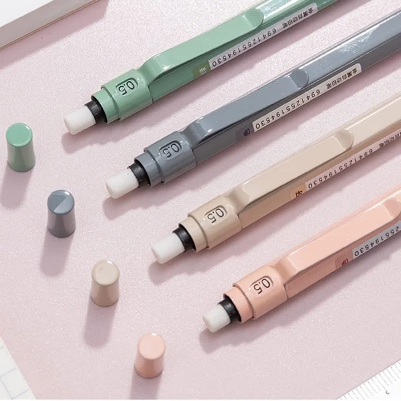 Lápiz automático de Metal (1 Unidad). No se rompe fácilmente. Mina de 0,5 mm. para Estudiantes. Lápiz automático de presión para Dibujo y bocetos con Borrador (Verde) (Rosa).