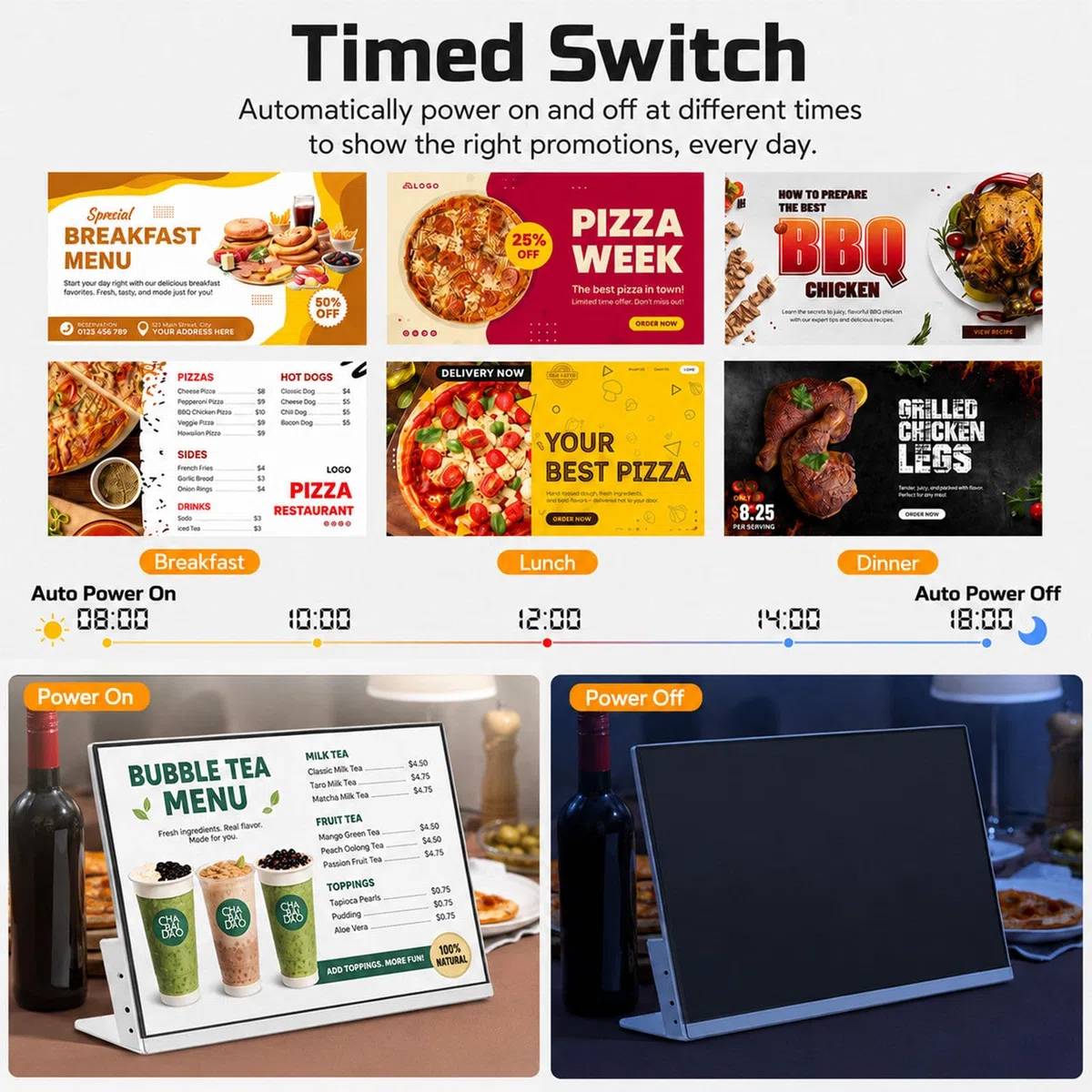 Panel de menú electrónico Gran Pantalla 23,8 Pulgadas | Reproducción pantalla dividida USB HDMI para hoteles y cafeterías publicidad comercial