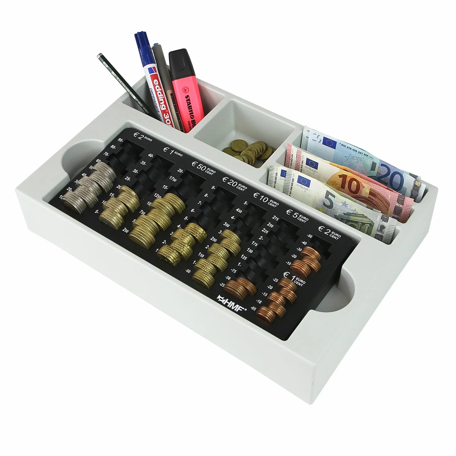HMF 3210-02 Bandeja para monedas de euro, recuento, 3 compartimentos para billetes, 35 × 23,5 × 7 cm, negra