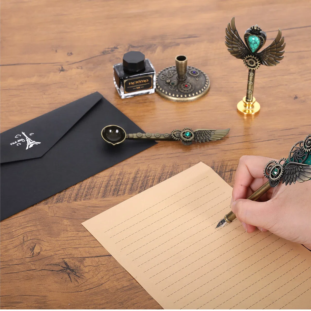 Juego de bolígrafos de pluma, verde, plumas, tinta, marcadores, sellos, puntas, cuentas de cera, sobres, papel de escritura, caja de regalo