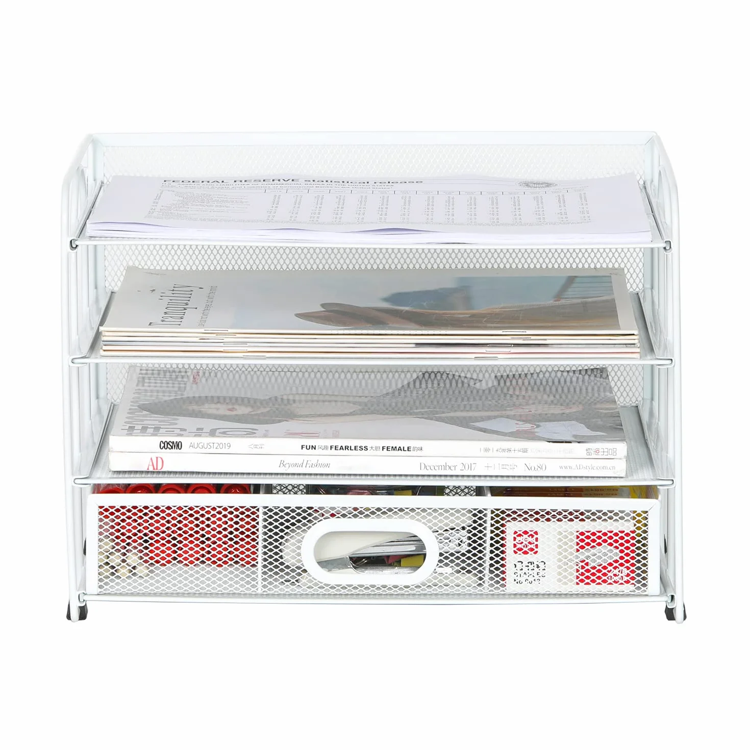 EasyPAG 4 Niveles Metal Malla A4 Bandeja Oficina Organizador Documentos Almacenamiento Papeles Soporte Archivador Clasificador Escritorio Estante Carta con Cajón, Blanco