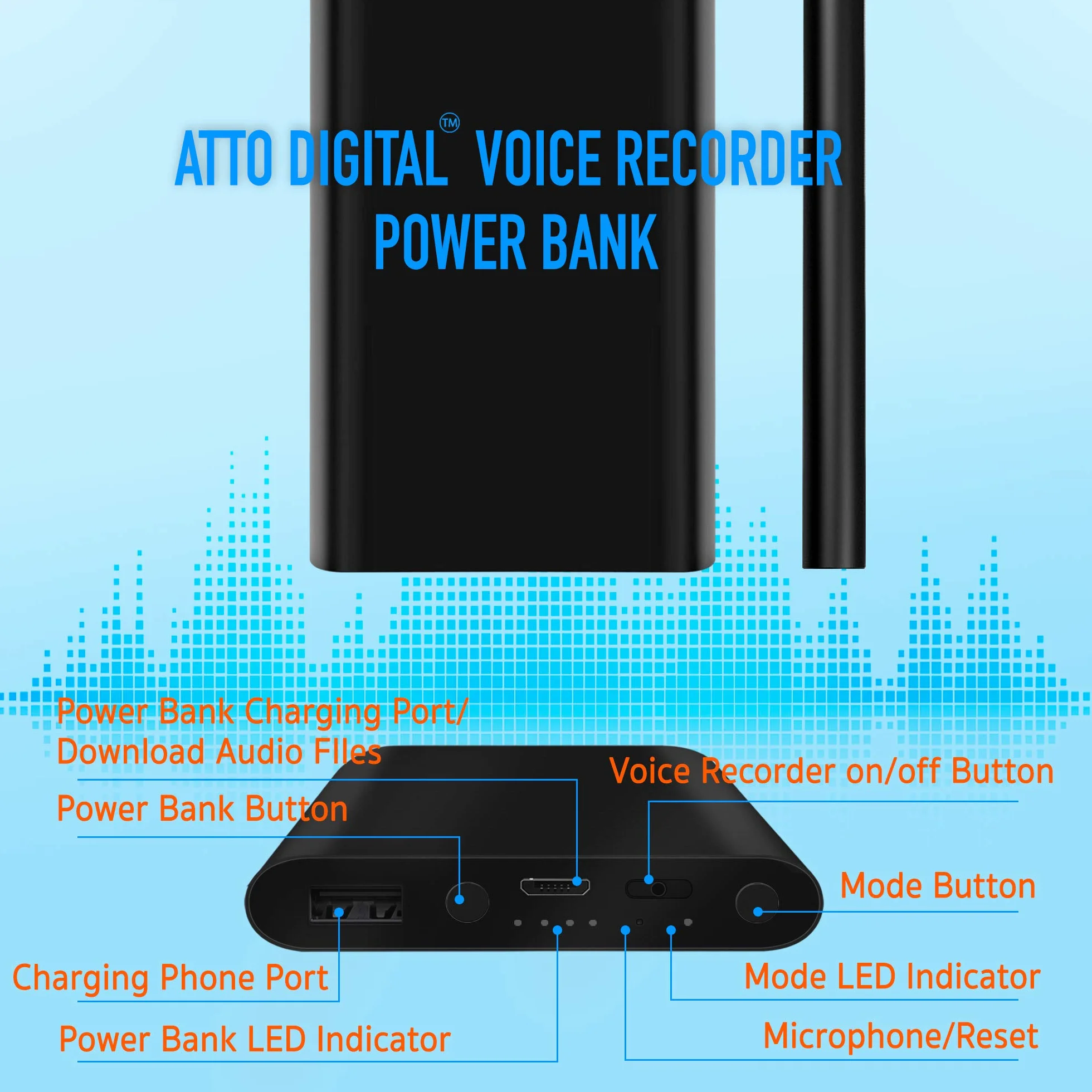 64GB Grabadora Profesional - Activación por Voz - Tiempo de Funcionamiento de 18 días - Grosor de 11 mm - Función de Cargador de teléfono con Banco de energía - PoweREC de Atto Digital