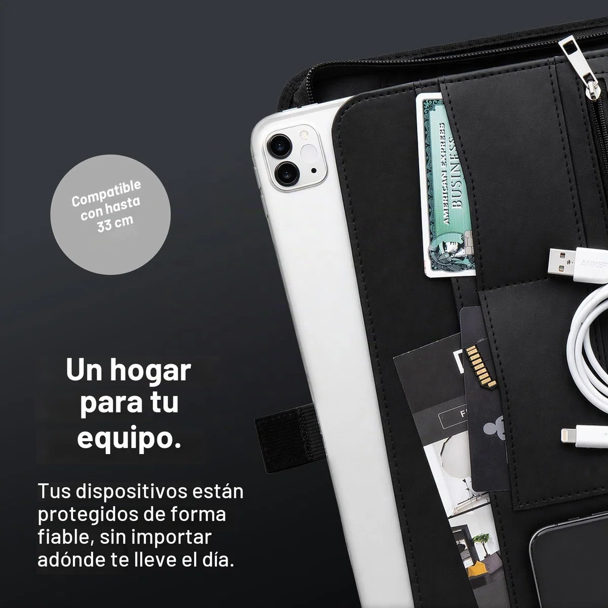 Vebon® Carpeta A4 grande "Roma" doble cremallera + portapapeles, carpeta de conferencias + bolsa para ordenador portátil, espacio extra, Negro Piel Sintética, Gris Fantasma