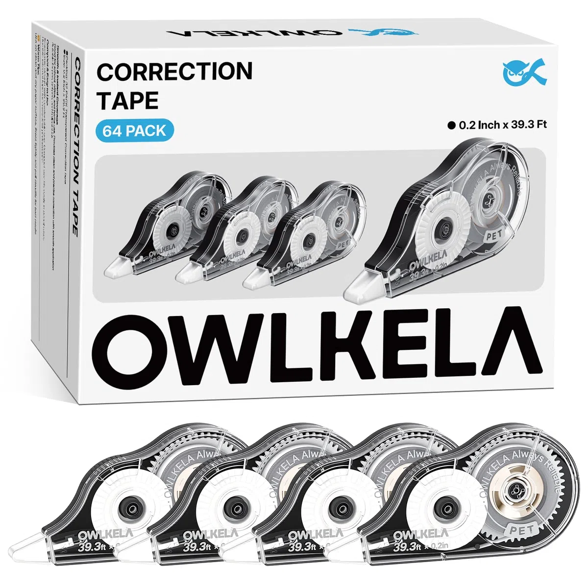 OWLKELA 64 cintas correctoras, 39.3 pies, carcasa negra y núcleo blanco | Sin tiempo de secado, resistente al desgarro, 0.2 pulgadas de ancho, ideal para la oficina y la escuela