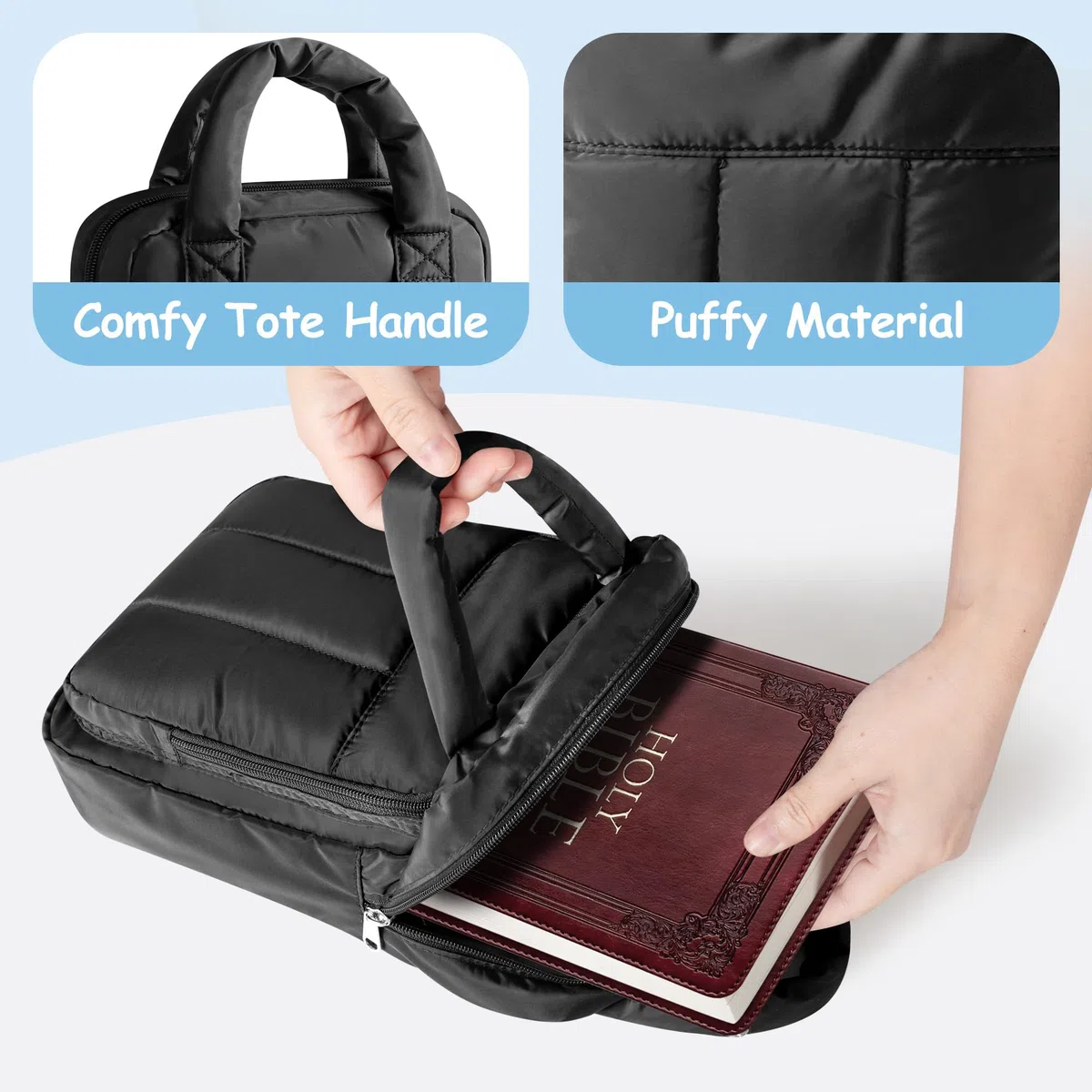 Estuche para Biblia para Mujer, Bolsa con Cremallera, Estuche para Libros, Bolsa de Iglesia para Material de Estudio, Negro