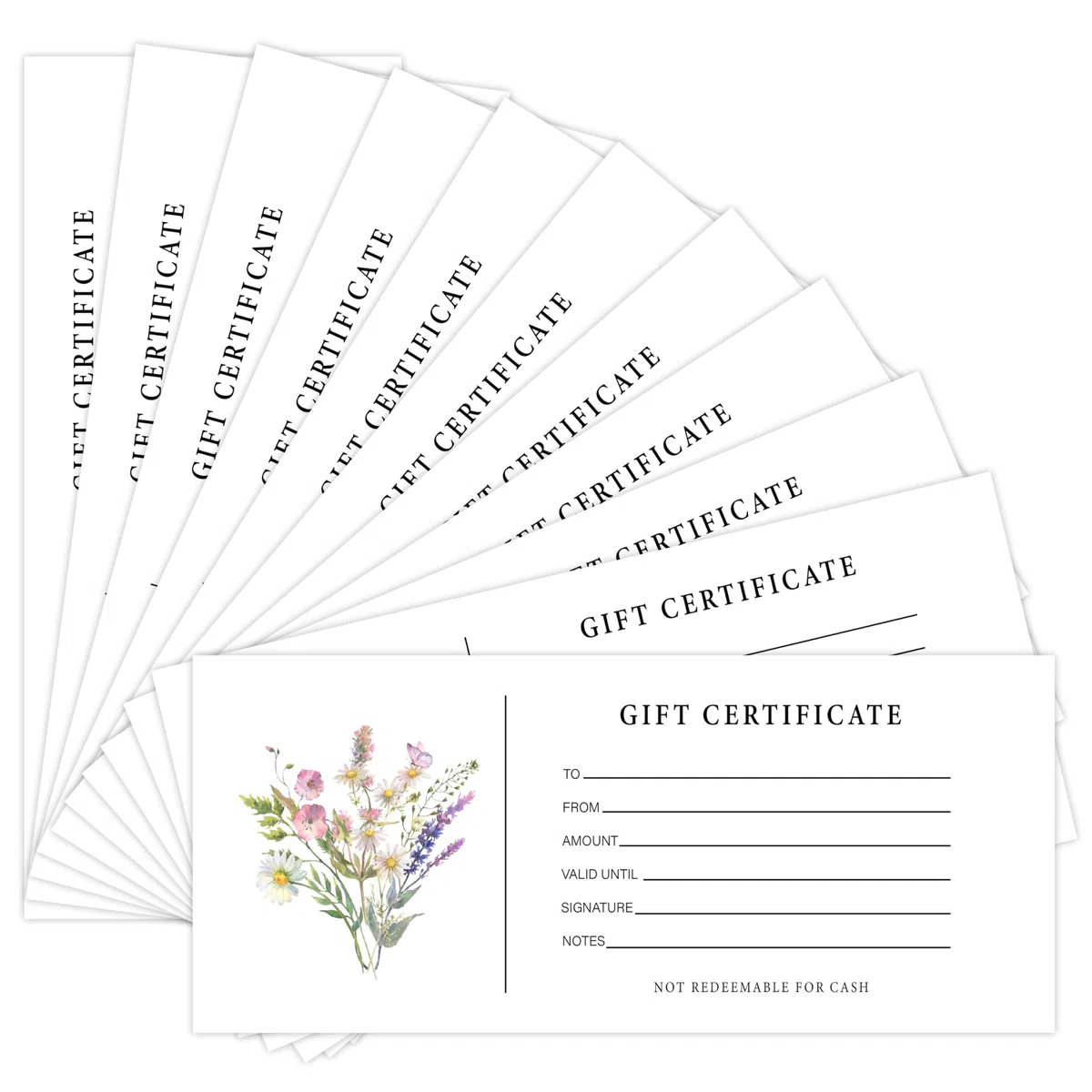 Juego de 25 certificados de regalo para negocios, tarjetas de regalo florales en blanco con sobres, regalos para salones, restaurantes, spa, cumpleaños, matrimonio, clientes -07