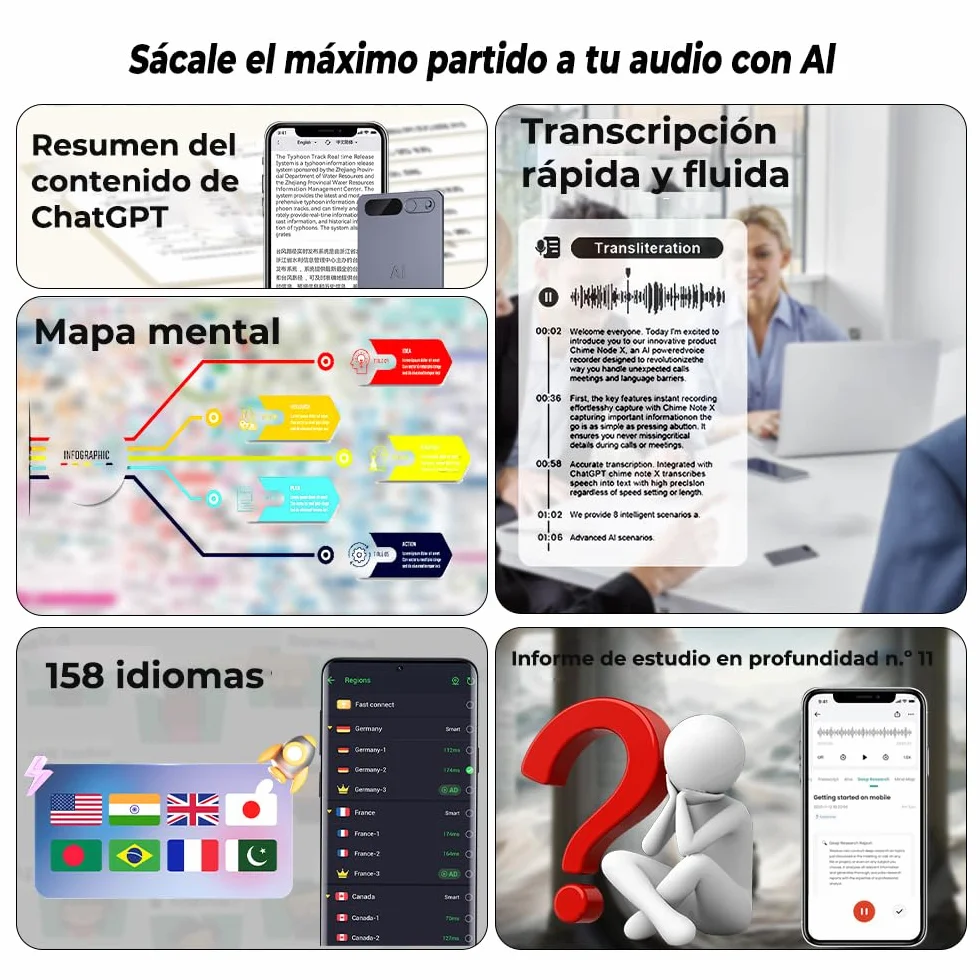 Grabadora de Voz Espía con Estuche Negro, Transcripción y Resumen IA, Soporte Multilingüe, App, 64 GB