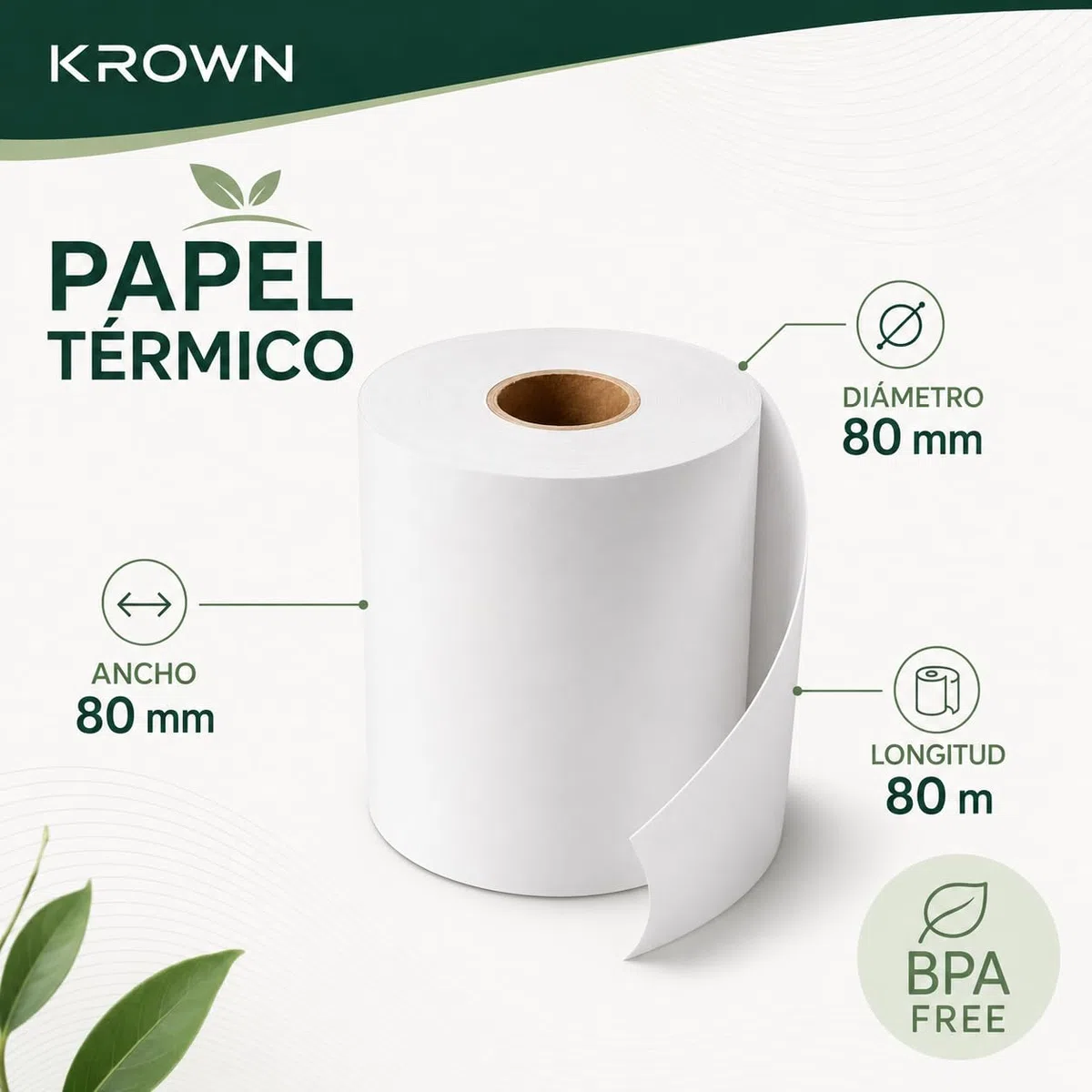 KROWN Rollo de Papel Térmico 80 x 80 x 12 mm Sin BPA – Papel para Tickets, Impresoras Térmicas, TPV, Cajas Registradoras, Básculas y Recibos (48)