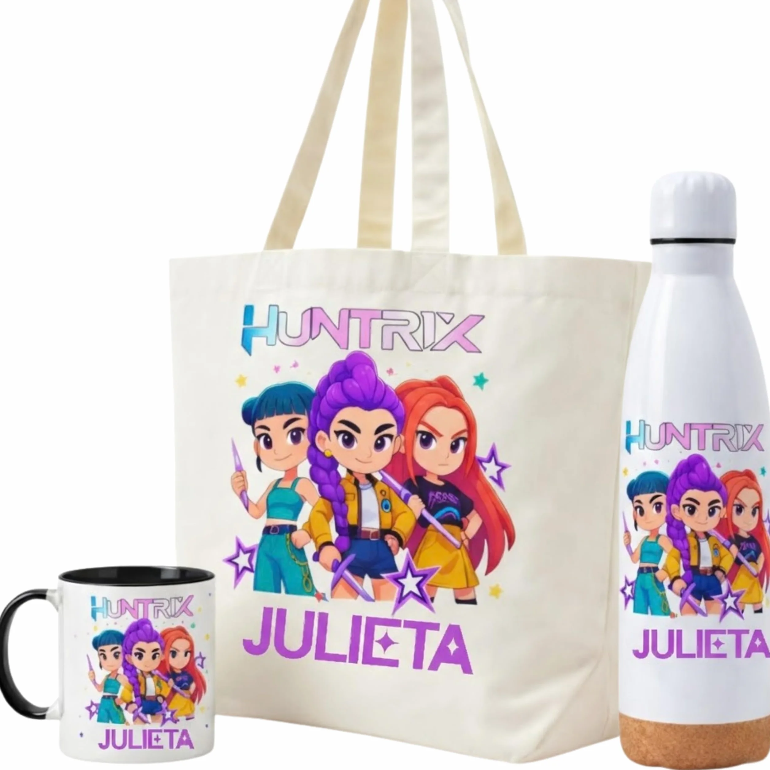 Gifters | Pack Bolsa Personalizada con Nombre + Botella Acero Inoxidable 750 ml + Taza Cerámica 325 ml | Diseño Personajes Estilo K-Pop | Regalo Original para Niña, Cumpleaños, Navidad y Comunión