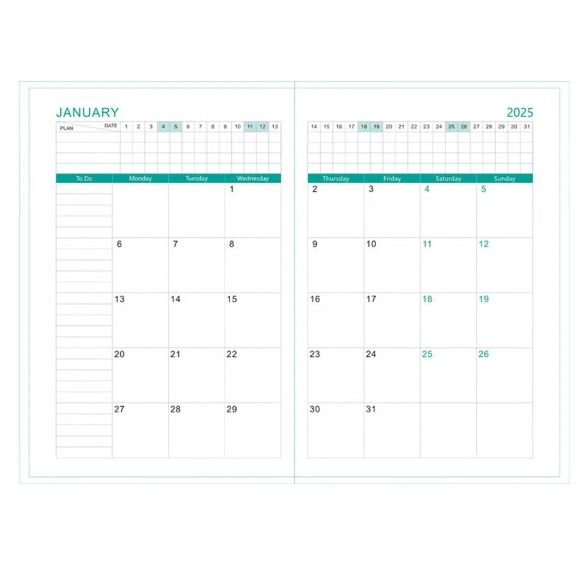 Agenda diaria 2025, cuaderno de tamaño A5, calendario semanal y mensual, una página por día, enero a diciembre de 2025, 365 páginas, organización de citas, diario anual, registro de recuerdos (verde)