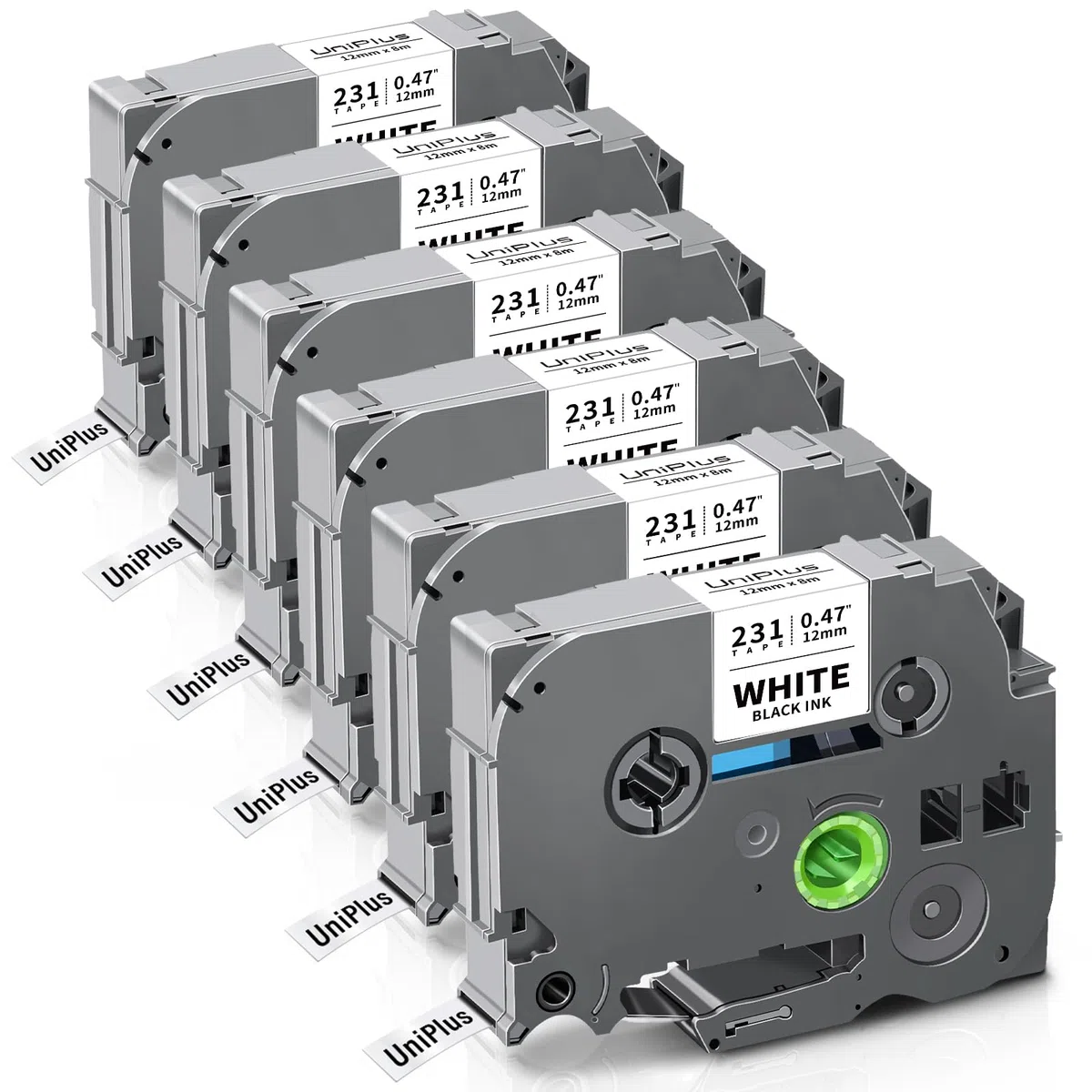 UniPlus 6x Compatible Tze-231 para Brother P-touch Tapes 12mm TZe231 Tz 231 Tzc231 Cinta Laminada Negro sobre Blanco para P-Touch PT-H100lb PT-H105 PT-D210 PT-E110 PT-H100r PT-H108 PT-1010 PT-1000