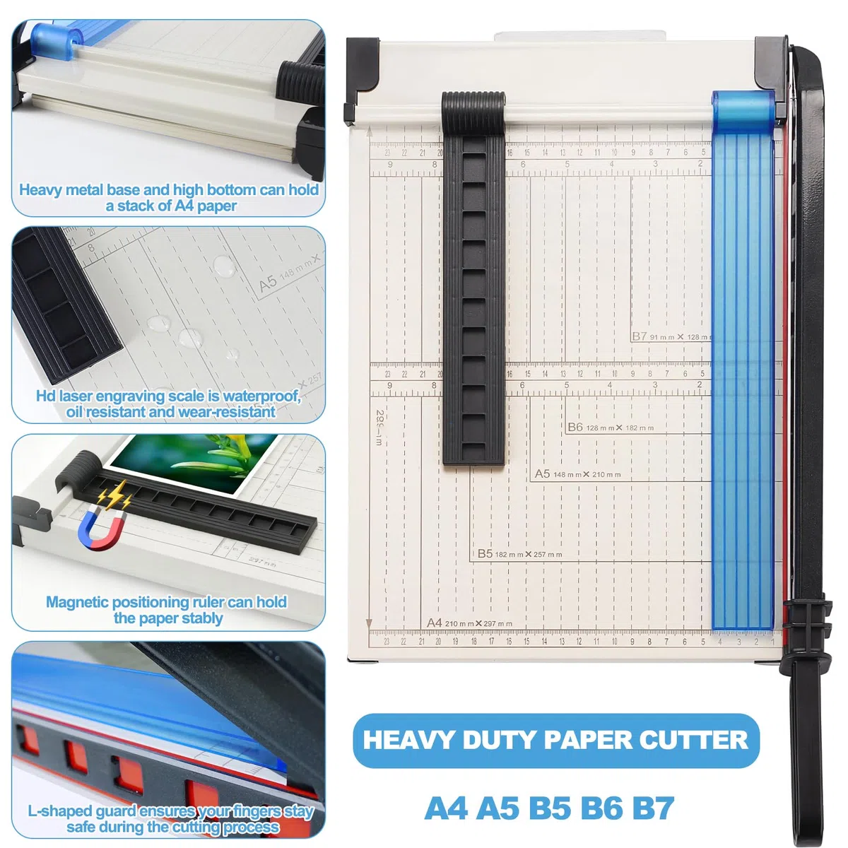 Cortador de Papel de Guillotina A4, Dispositivo de Protección, Cizalla Papel A4 B5 A5 B6 B7, Capacidad de 15 hojas, cortador de papel manual de precisión para papel, cartón, fotos, tarjetas