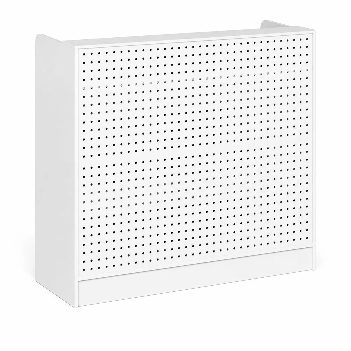 Mostrador de Recepción Blanco 120cm con Panel Perforado, Caja Registradora, 3 Estantes Ajustables, 2 Cajones con Llave, Puerta y Almacenaje, 120×110×50cm