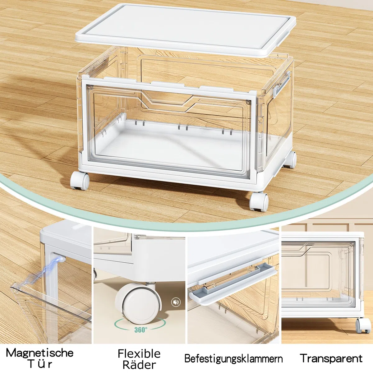 Cajas de almacenamiento con tapa – Cajas apilables de plástico de 4 niveles, 23 L, transparentes, grandes contenedores organizadores para dormitorio, salón, baño, 4 capas y 1 tapa