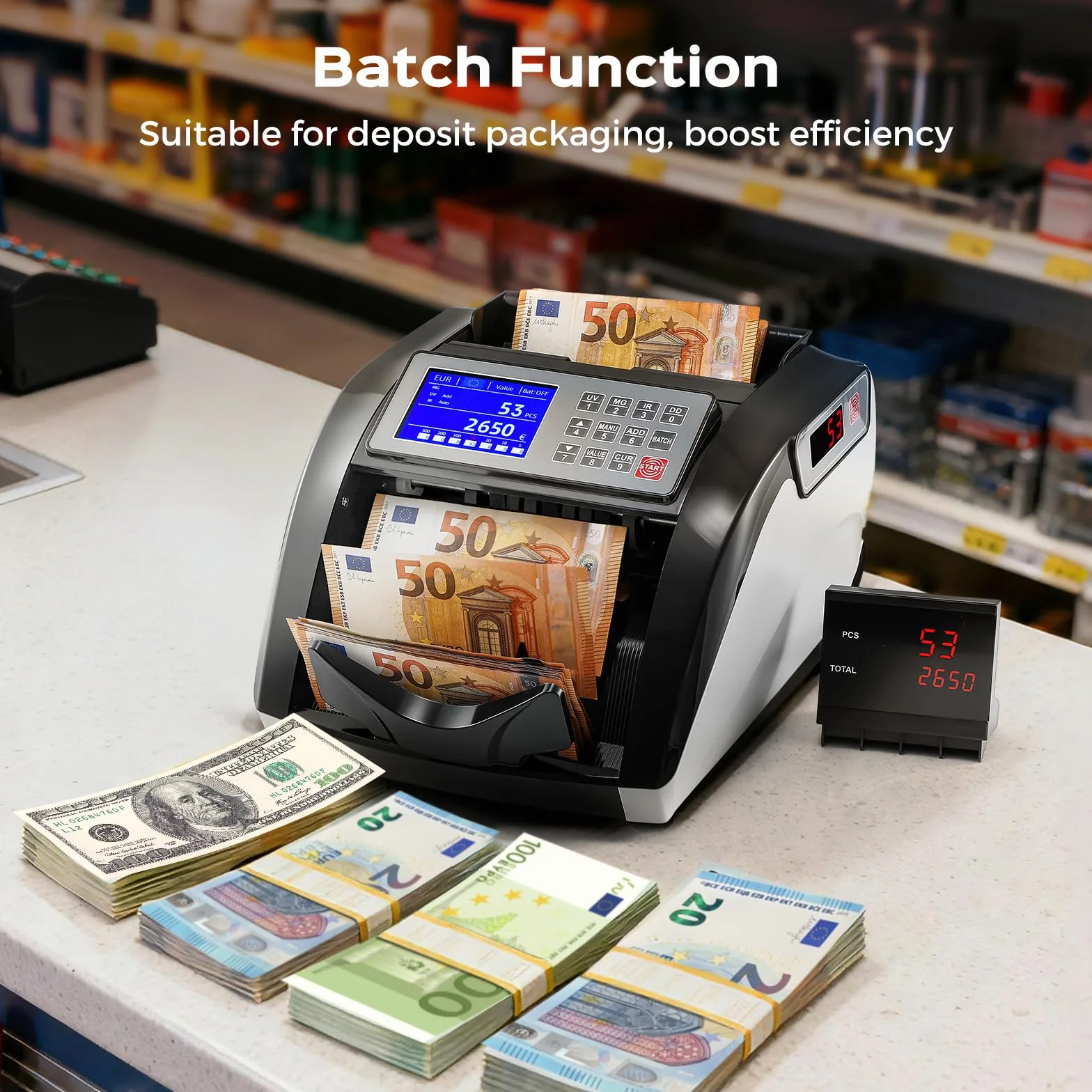 Bonvoisin Contador de Billetes, Contadora de Valor para Billetes de Clasificados, Detección de UV/MG/IR, 1000 Pcs/min, Maquina Contar de Billetes con Pantalla táctil (No cuenta Montos Mixtos)
