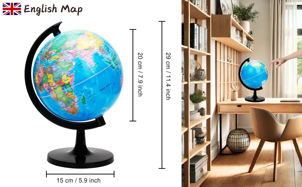 Exerz 20cm Globo Terráqueo - Mapa en Inglés - Educativo Globo Girable Decoración de Escritorio - Mapa Político Geográfica/Moderna - Diámetro 20cm