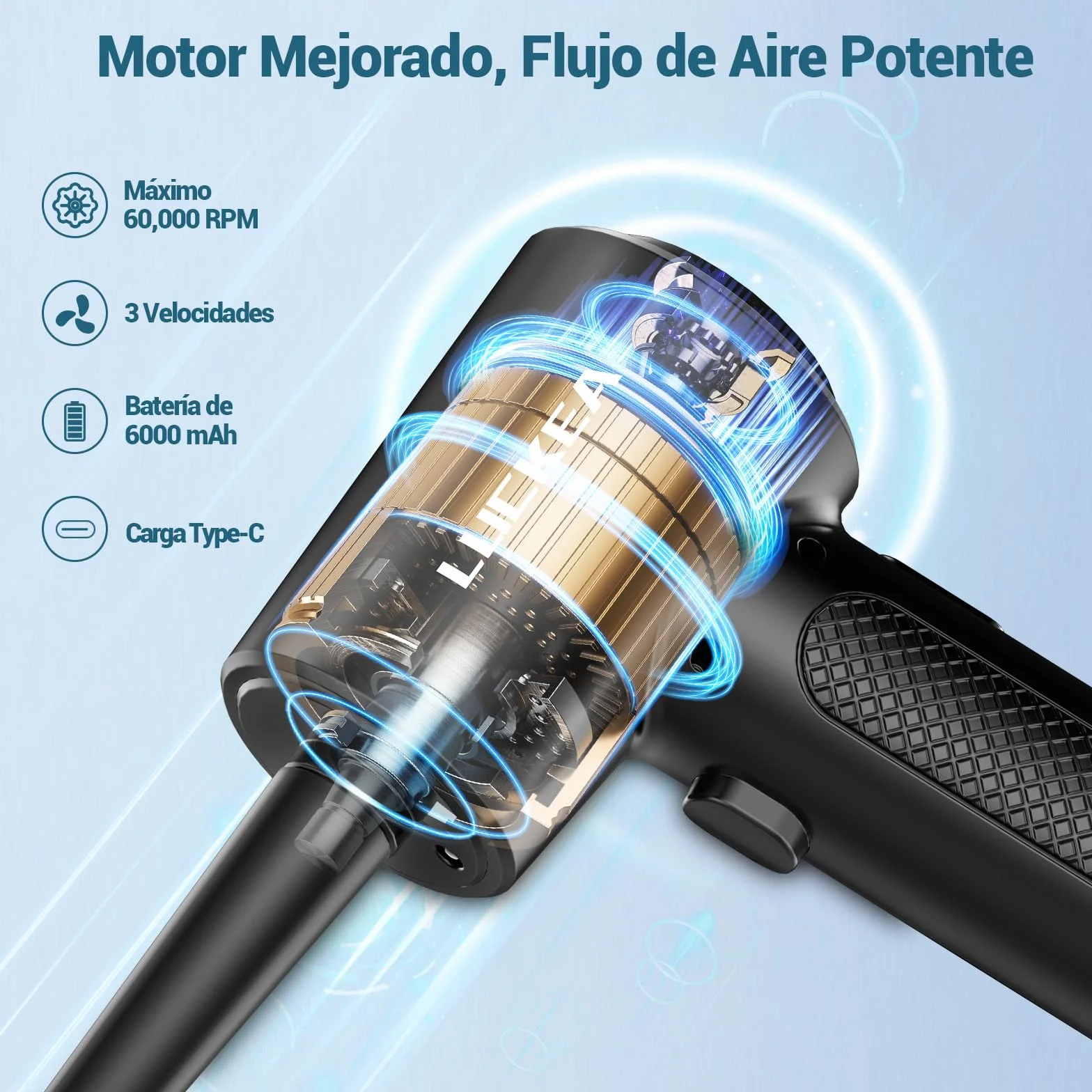 Aire Comprimido Limpieza PC Air Duster - 3 Velocidades Soplador de Aire Potente con Luz LED, 6000mAh, Soplador de Polvo para Teclado Coche Oficina, Alternativa Aire Comprimido o Compressed Air
