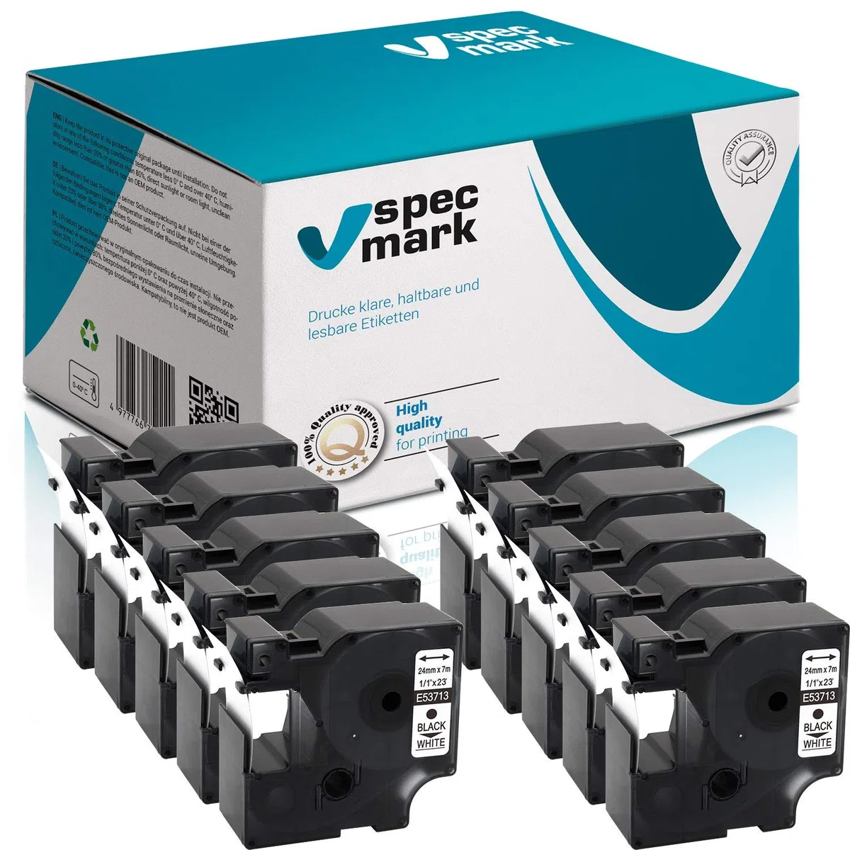 specmark Compatible para DYMO D1 53713 cinta de impresión 24 mm x 7 m juego de 10 unidades negro sobre blanco compatible con DYMO D1 para impresoras LM Label-Point LW Label-Writer DUO