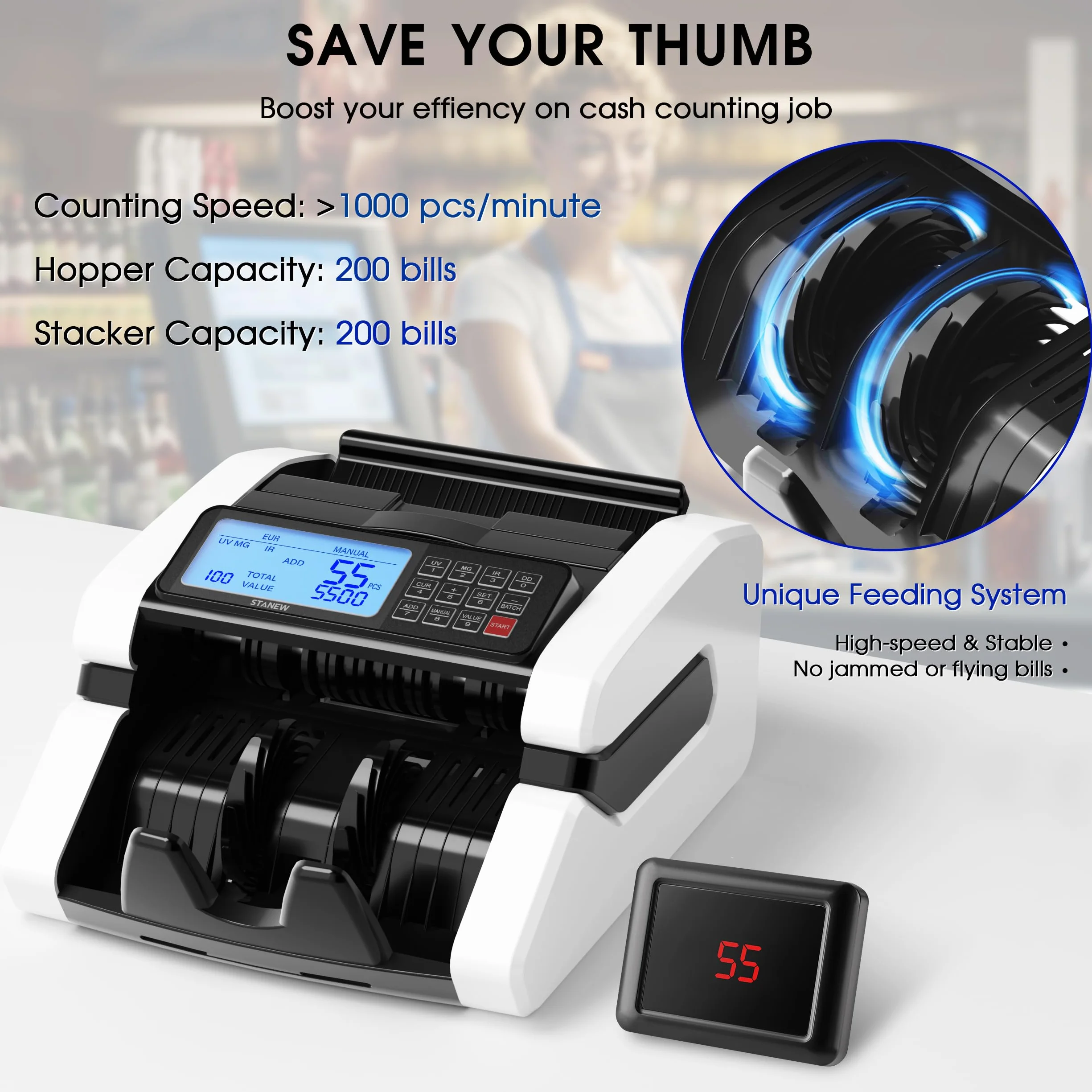 STANEW Contadora de Billetes, Multiple Counting Modes, UV/MG/IR Detección, >1000 PCS/Min, EUR/USD/GBP