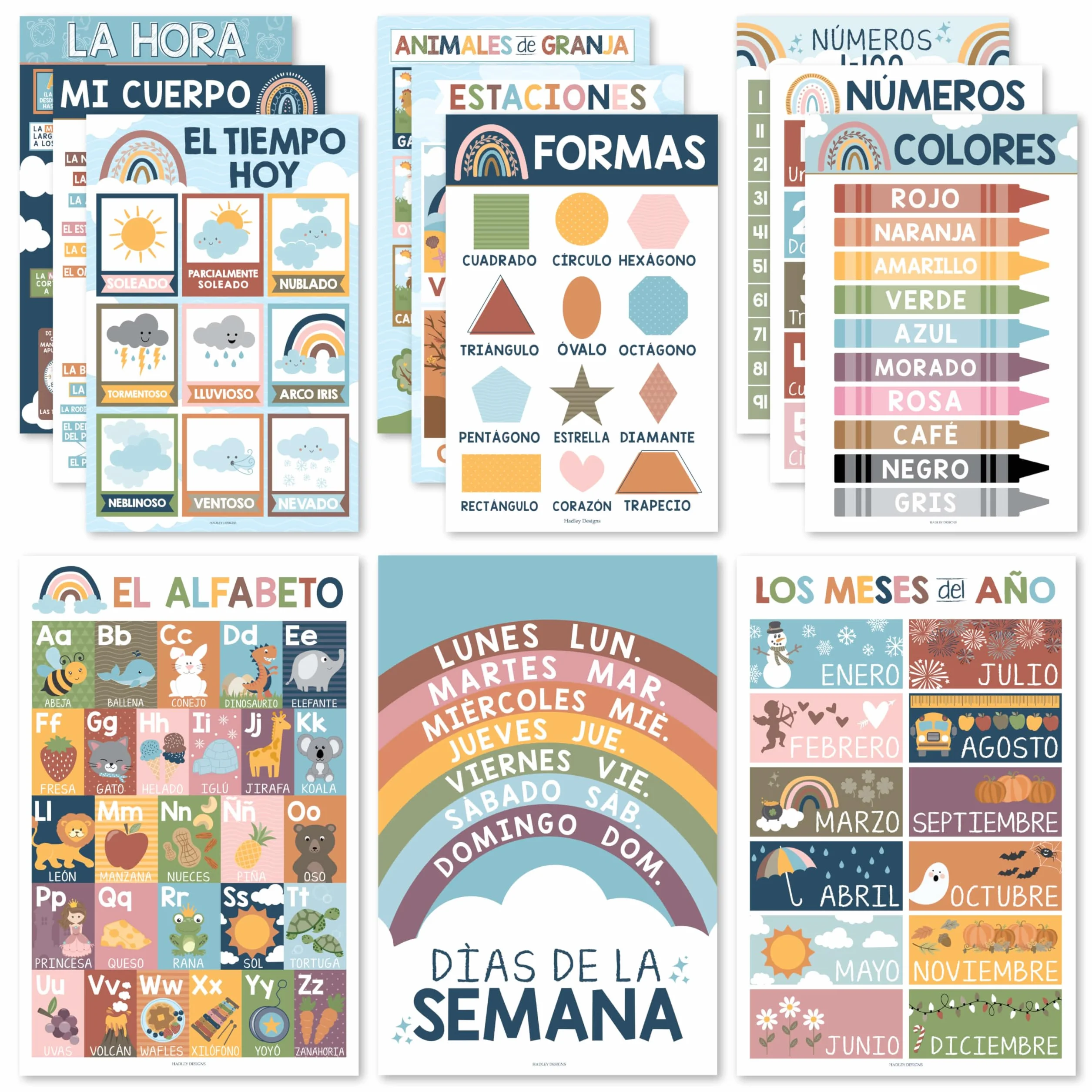 Hadley Designs Decoraciones de aula española: 12 pósteres españoles para el aula primaria, Abecedario para niños en español, pósteres educativos bilingües laminados bohemios de 11 x 17 pulgadas