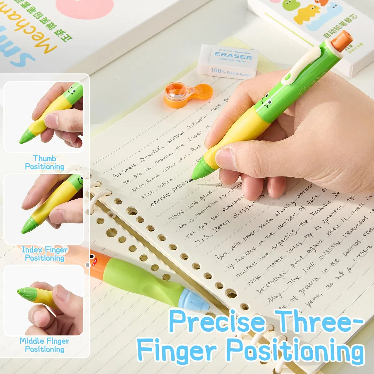 Portaminas grueso para niños, lápiz de escritura a mano Smile con agarre antideslizante y mina HB de 2.0 mm, resistente a la rotura, paquete de 8 incluye 96 recambios #2, sacapuntas y borrador