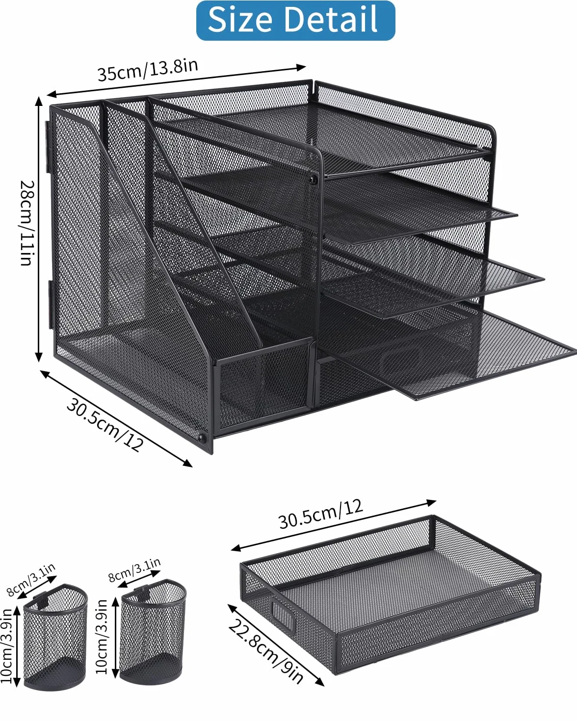 Organizador de Escritorio de Metal de 5 Niveles con Cajón y Portalápices Negro