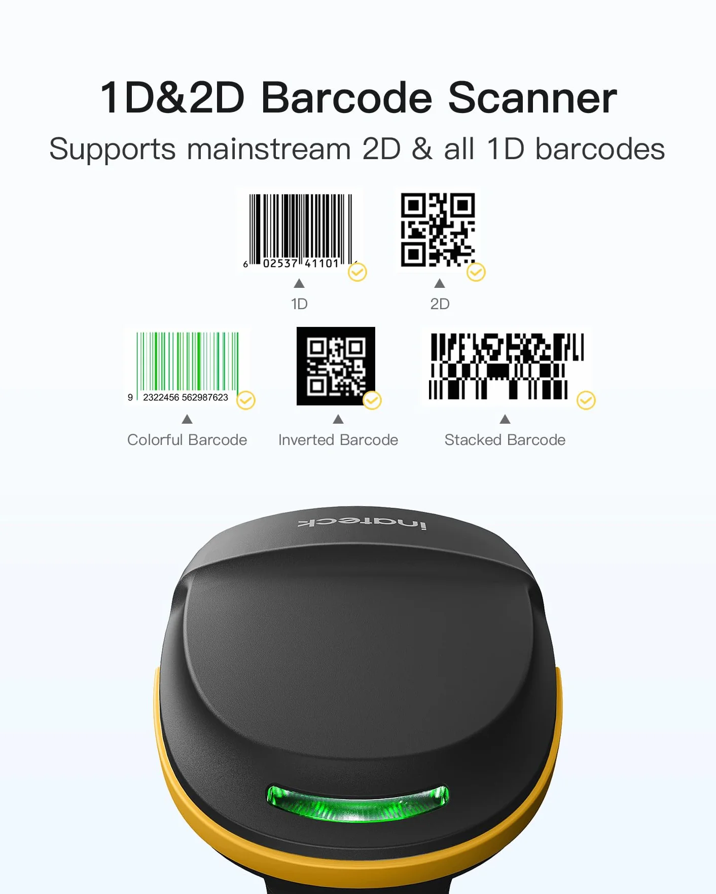Inateck Lector De Códigos De Barras Inalámbrico, Bluetooth 5.0, Base Inteligente 2.4Ghz, Escaneo En Pantalla, BCST-54 (Negro)