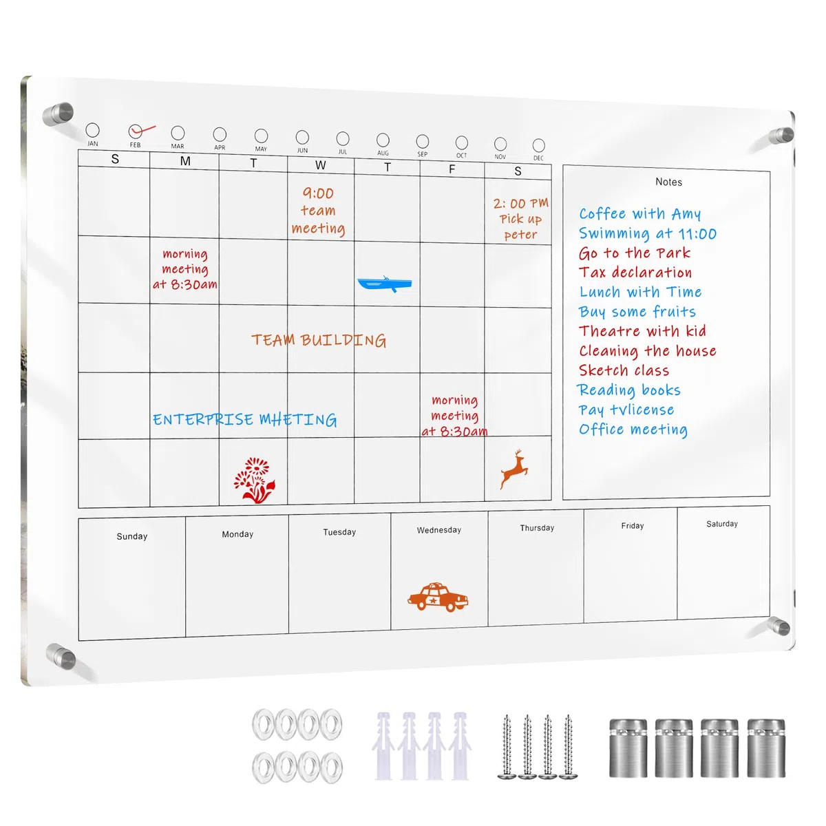 Calendario de pared grande de 61 x 40 cm, acrílico de borrado en seco