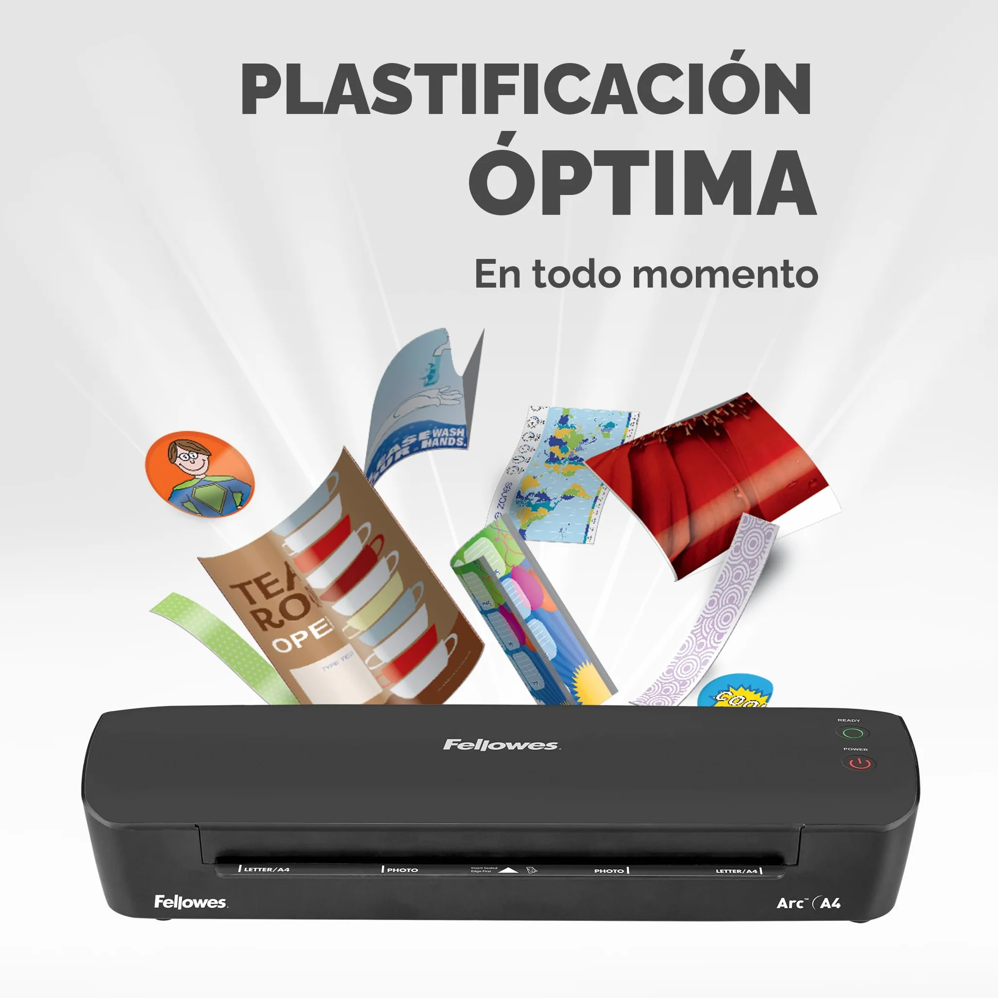 Laminadora Fellowes Arc A4, para plastificar en caliente bolsas de hasta 80 micras, palanca antiatascos, pasatiempos creativos, 30 cm/min, 4570001
