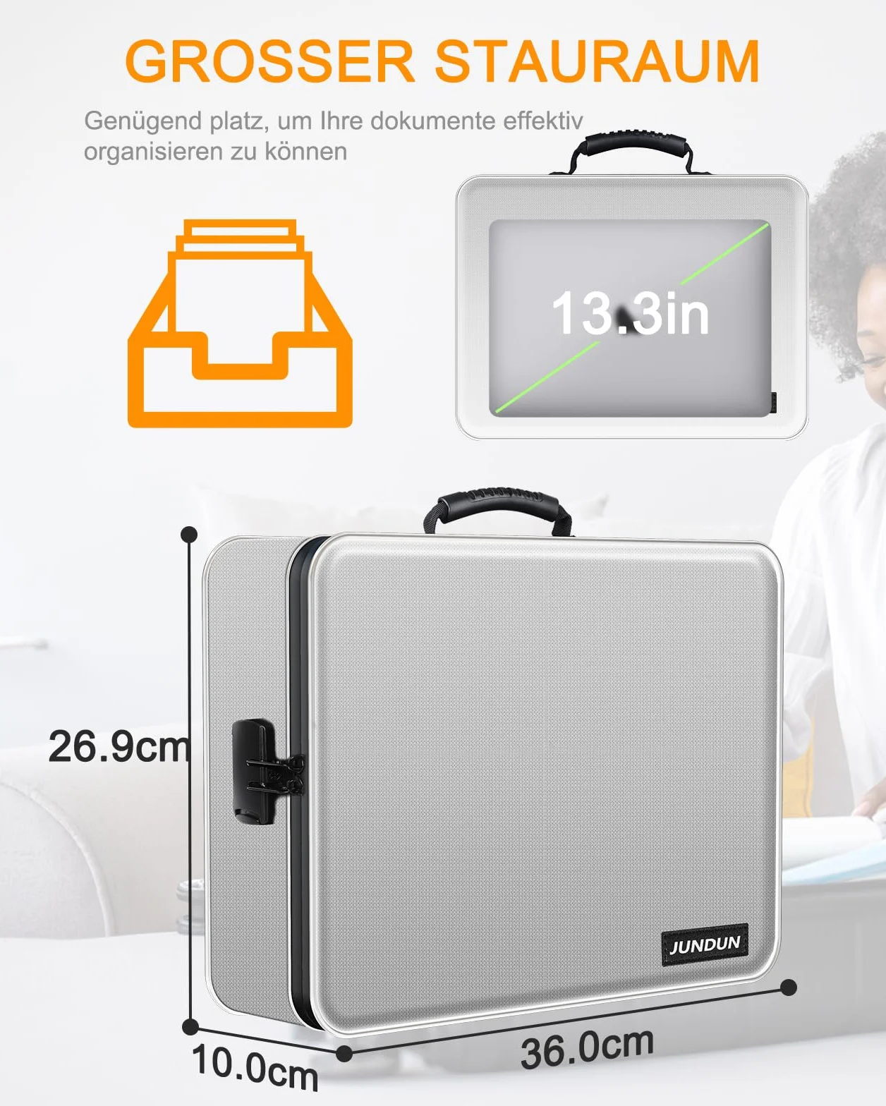 JUNDUN Organizador de documentos, resistente al fuego con cerradura, caja de almacenamiento de documentos con 7 compartimentos, organizador de archivos, maletín portátil para documentos importantes,