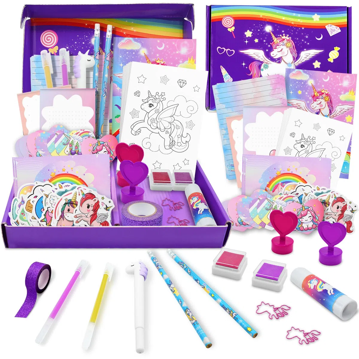 Set de Papeleria Bonita Unicornio, Material Escolar y Papeleria, Regalos de Papelería para Niñas de 6 7 8 9 10 11 12 Años, DIY Regalo para Cumpleaños y Navidad, 124 Piezas, Morado‌