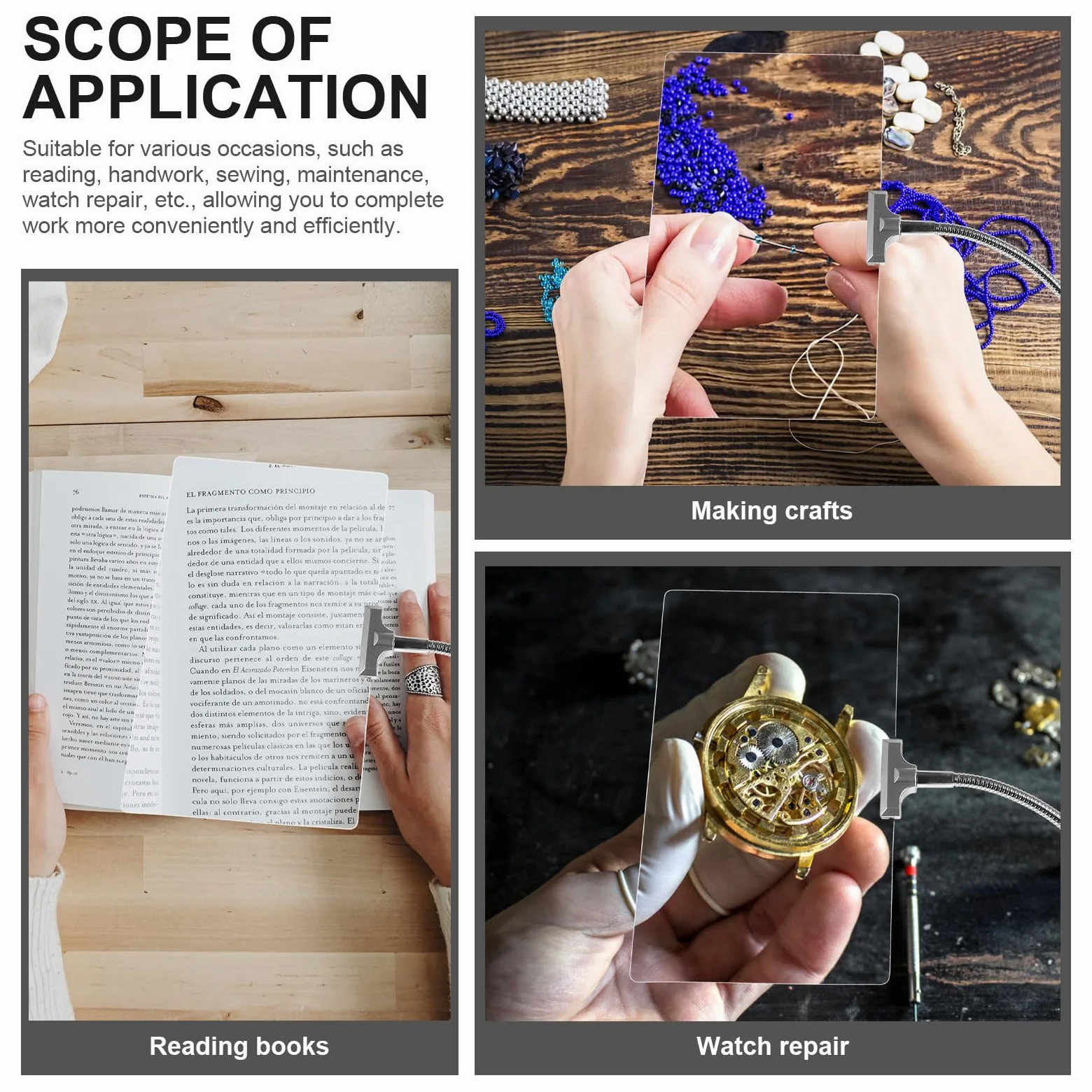 Cabilock Lupa de Lectura de Escritorio con Lente Fresnel 4X Tubo Flexible Ajustable Soporte Metálico Plateado para Trabajos Manuales y Bricolaje en Oficina y Hogar