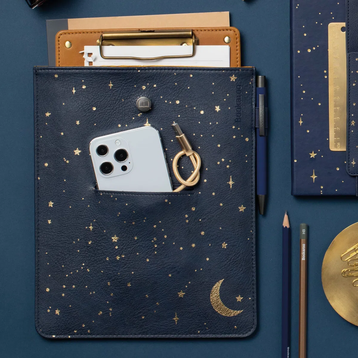 IF Bookaroo - Bolsa para libros, luna y estrellas, azul oscuro/dorado