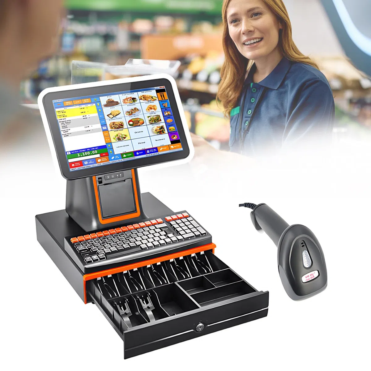Terminal Cuadrado de 15,6 Pulgadas, Sistema TPV con Pantalla táctil, Caja registradora Inteligente, para Negocios, restaurantes y comercios minoristas, con escáner y Caja registrad